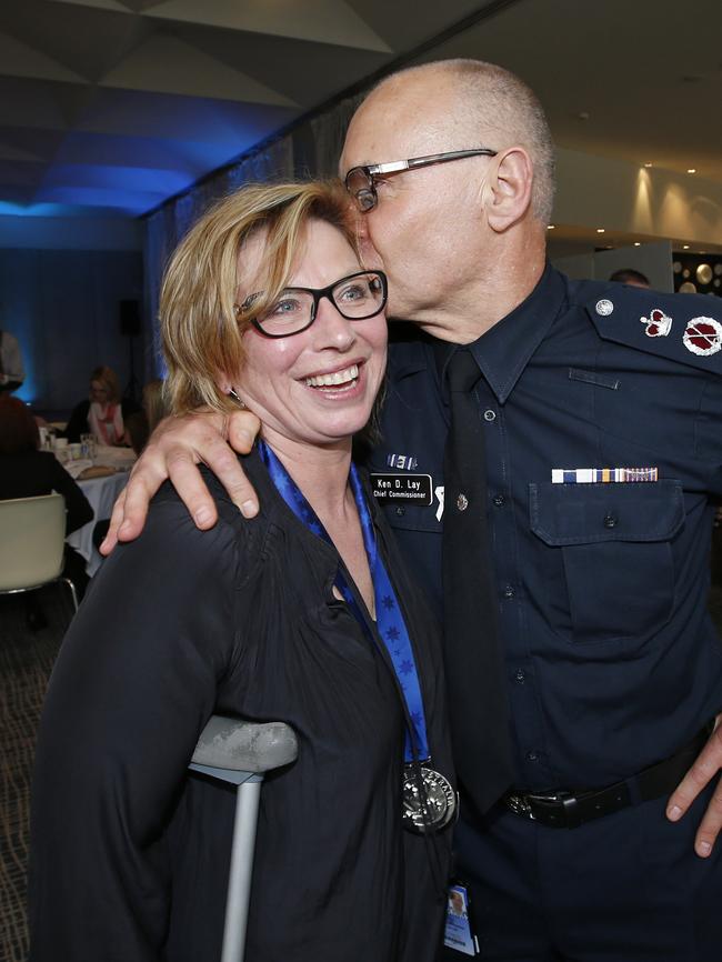 Rosie Batty ... congratulated by Victorian Police Chief Commissioner Ken Lay who nominated her. Picture: David Caird