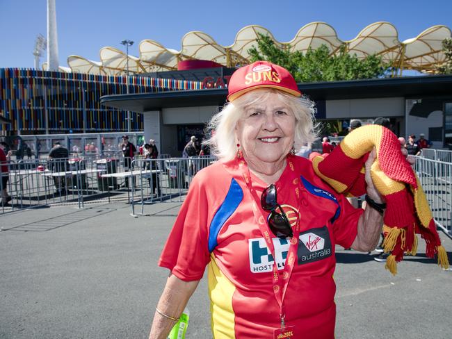 Wilma Crisford before the Gold Coast Swans take on the Sydney Swans at People First Stadium, Carrara. Picture: Glen Campbell