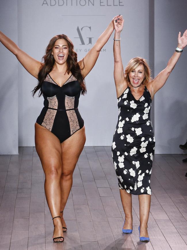 Ashley Graham appears on the runway at the Addition Elle Presents Holiday 2016 RTW + Ashley Graham Lingerie fashion show during New York Fashion Week. Picture: AFP