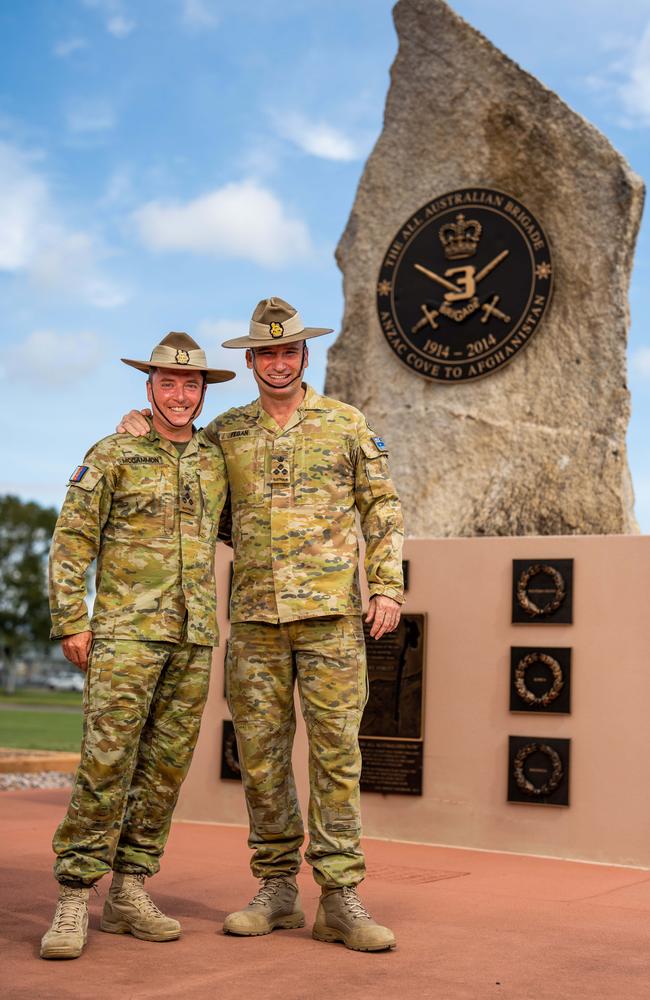 Brigadier Dave McCammon is the new commander of 3rd Brigade, with outgoing commander Brigadier Kahlil Fegan, after a handover ceremony at Lavarack Barracks. Supplied Picture.