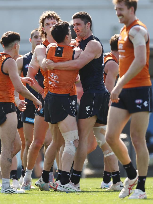 Marc Pittonet and Matthew Kennedy of the Blues rough each other up during Carlton’s training session. Picture: Michael Klein.