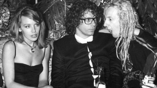 Kylie Minogue with boyfriend Michael Hutchence and Ollie Olsen at the ARIA Awards after-party in Sydney in 1990. Picture: Chris Pavlich