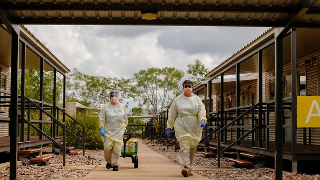 AUSMAT staff conduct a Swabbing run at a PPE drill at the NCCTRCA/AUSMAT sections of the Howard Springs Corona virus quarantine Centre on Darwin's outskirts. Picture: GLENN CAMPBELL via NCA NewsWire