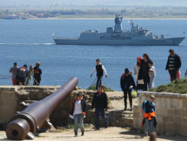 History ... An original Turkish Ottoman artillery gun points at HMAS Anzac of the Australian Navy from the Ottoman fortress at Helles Point, where Allied soldiers fought during the Gallipoli Campaign. Picture: Sean Gallup/Getty Images