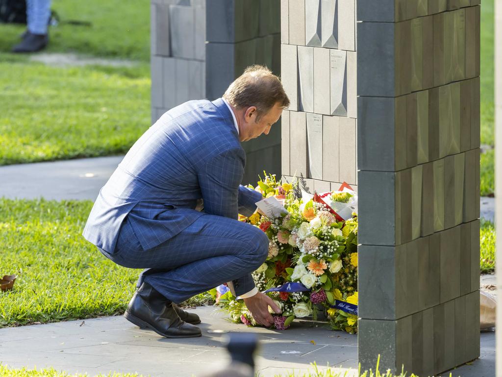 Steven Miles at the Queensland Police Service Memorial to acknowledge the 12-month anniversary of the shooting. Picture: Richard Walker