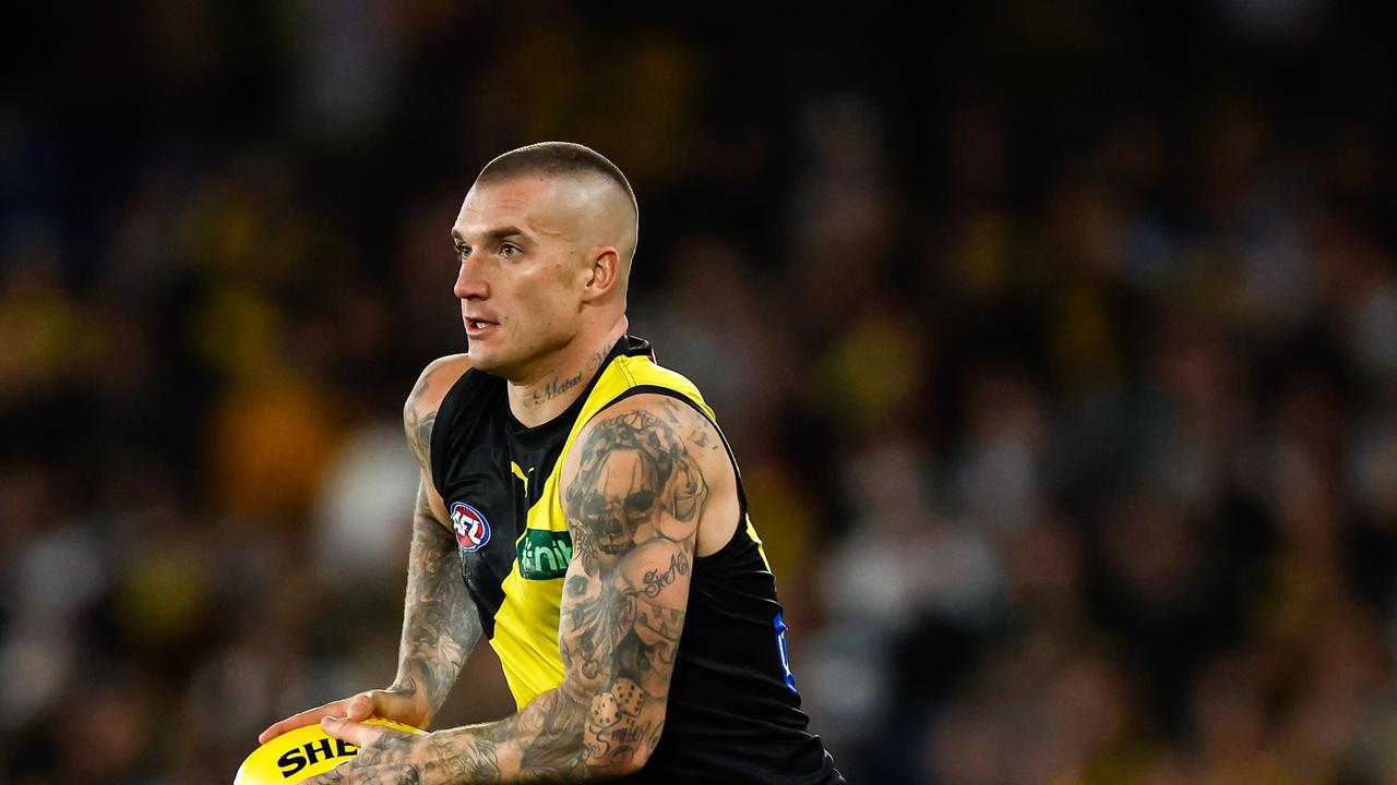 MELBOURNE, AUSTRALIA – APRIL 30: Dustin Martin of the Tigers in action during the 2023 AFL Round 07 match between the Richmond Tigers and the Gold Coast Suns at Marvel Stadium on April 30, 2023 in Melbourne, Australia. (Photo by Dylan Burns/AFL Photos via Getty Images)