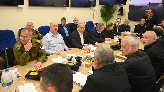 Israeli Prime Minister Benjamin Netanyahu, centre, during a War Cabinet meeting in Tel Aviv. Picture: Israeli Prime Minister Office/AFP