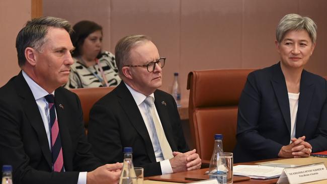 Defence Minister Richard Marles, with Anthony Albanese and Foreign Minister Penny Wong, has again defended the AUKUS deal. Picture: NewsWire / Martin Ollman