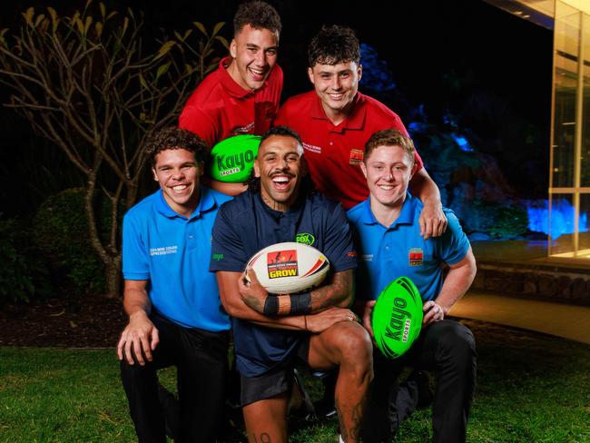 Addo-Carr, with Clontarf Origin captains and vice captains, Zailen Campbell-Cooke, Dane Ransom and Braelan Marsh and Tye Bursill, at Canterbury League Club, today. Picture: Justin Lloyd.