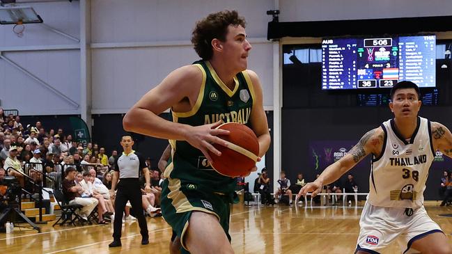 GIPPSLAND, AUSTRALIA - FEBRUARY 23: Emmett Adair of Australia in action during the FIBA Asia Cup Qualifier match between Australia Boomers and Thailand at Gippsland Regional Indoor Sports Stadium on February 23, 2025 in Gippsland, Australia. (Photo by Graham Denholm/Getty Images)