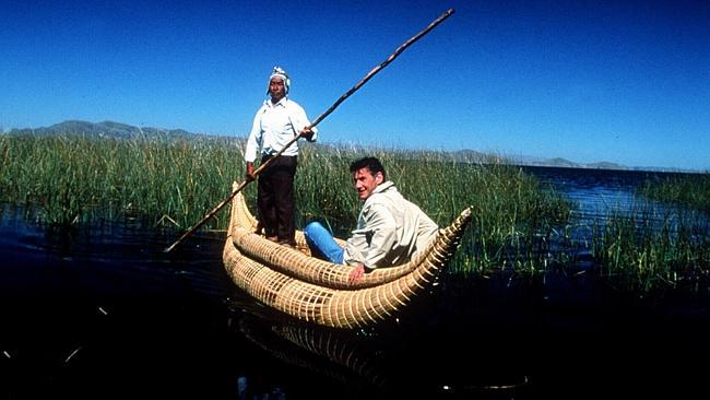 Actor Michael Palin fishing from Lake Titicaca in the 10-part ABC TV documentary .