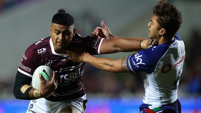 Haumole Olakau'atu scored a try in another powerful performance for Manly. Picture: Cameron Spencer/Getty Images