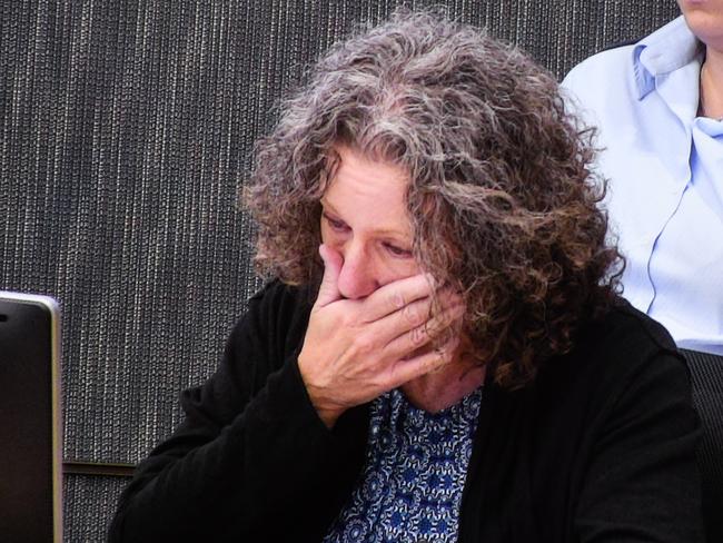 Kathleen Folbigg breaks down while being questioned about the deaths of her four children as she appears via video link at the NSW Coroners Court in 2019. Picture: AAP