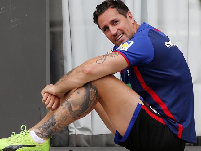 Newcastle Knights newly signed player Mitchell Pearce reacts during training with the Newcastle Knights at Balance field, Newcastle, Monday December 4, 2017. (AAP Image/Darren Pateman) NO ARCHIVING