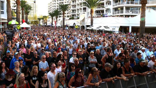 The Blues on Broadbeach crowd in Surf Parade on Sunday. Photo: David Clark