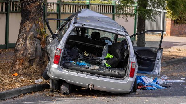 The car hit a tree on Belair Rd, Torrens Park. Picture: NewsWire / Ben Clark