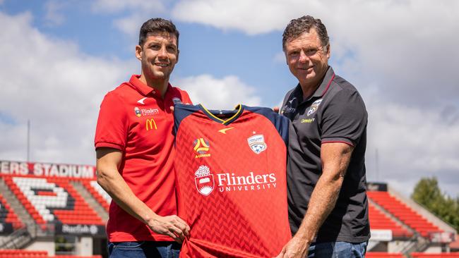 New Adelaide United signing Javi López (left) and Reds coach Carl Veart. Picture: Adelaide United