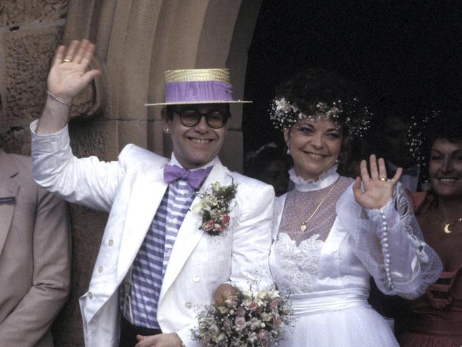 How they actually were: Elton and Renate on their wedding day. Picture: Patrick Riviere/Getty Images