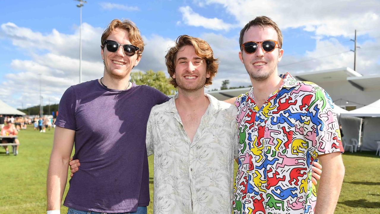 Oliver Labone, James Cademen and Aden O'Neil at Groovin the Moo, Sunshine Coast 2023. Picture: Patrick Woods.