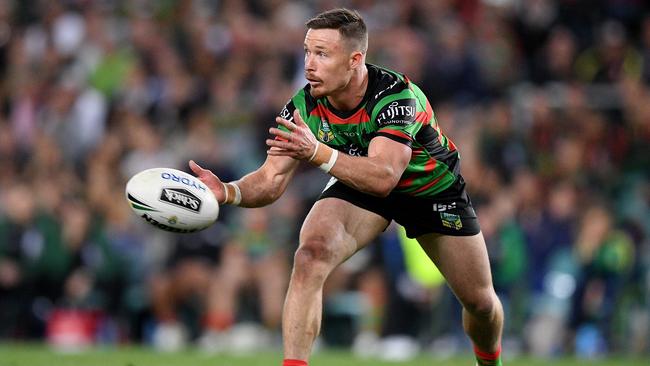 Damien Cook of the Rabbitohs passes the ball during the NRL Preliminary Final match between the Sydney Roosters and the South Sydney Rabbitohs at Allianz Stadium in Sydney, Saturday, September 22, 2018. (AAP Image/Dan Himbrechts) NO ARCHIVING, EDITORIAL USE ONLY