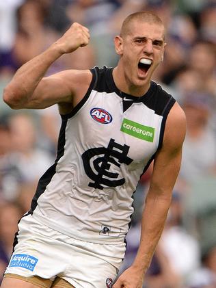 Liam Jones celebrates his last-quarter goal against Fremantle.