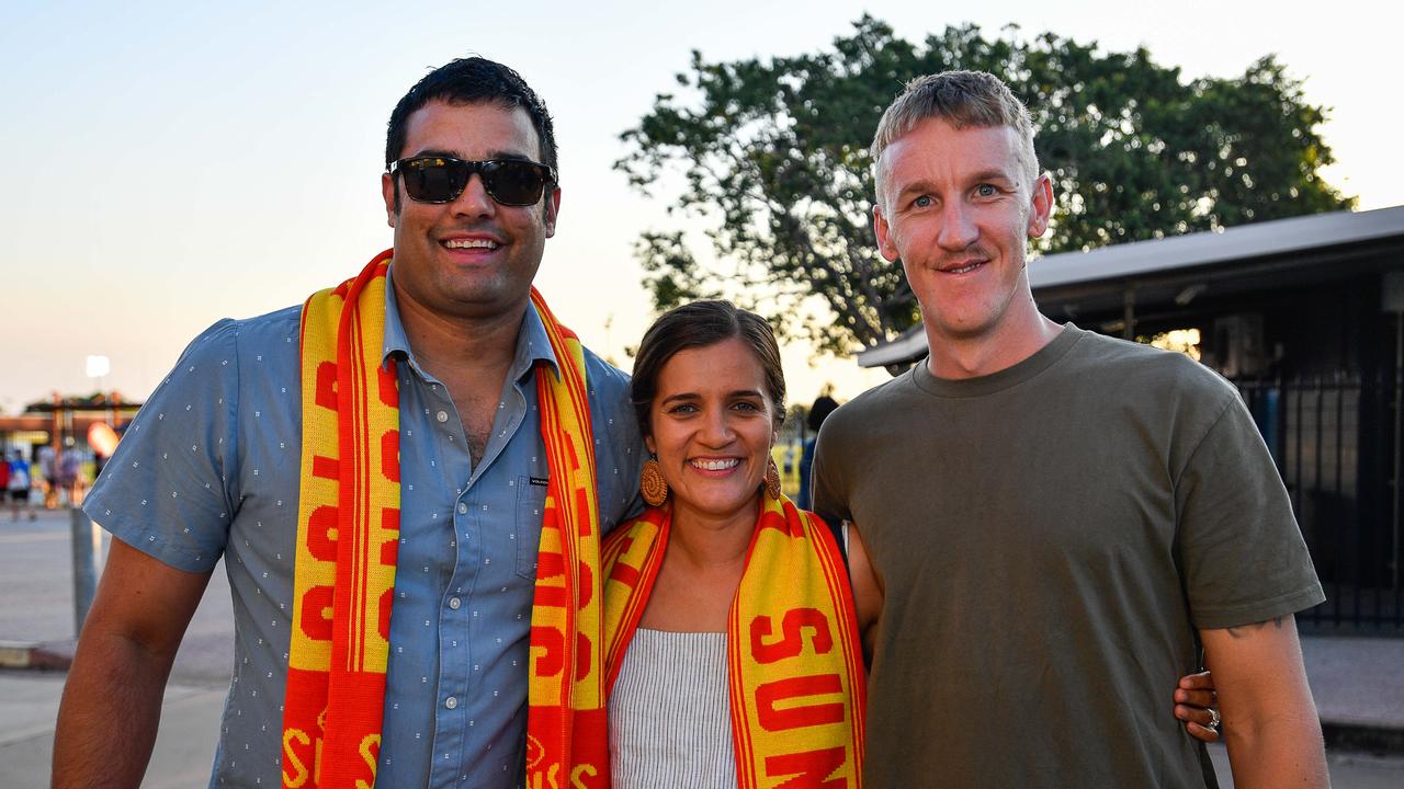 Josh Dohnt, Megan Bennett and Nathan Bennett at the Gold Coast Suns match vs Western Bulldogs at TIO Stadium. Pic: Pema Tamang Pakhrin