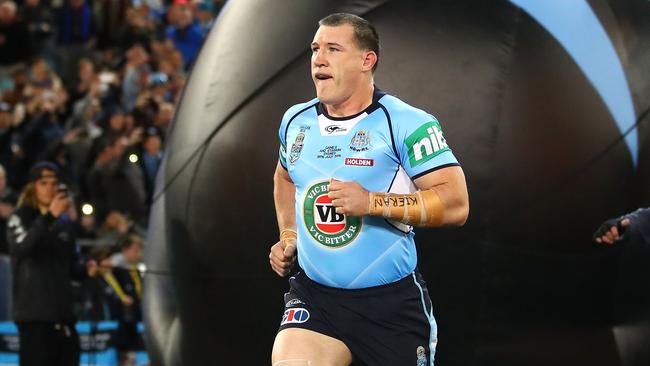 Paul Gallen runs out to represent New South Wales for the last time.