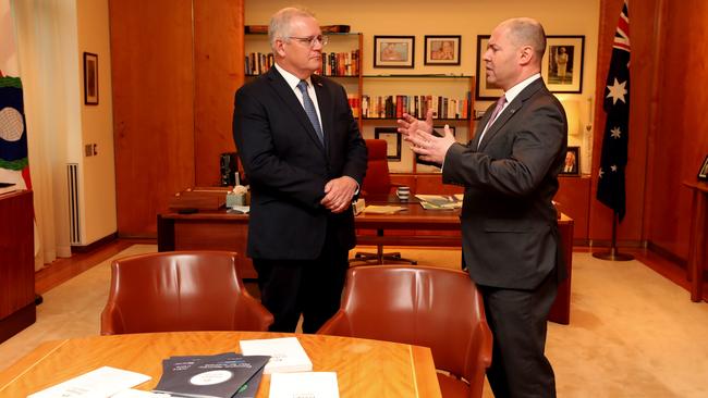 Prime Minister Scott Morrison with Treasurer Josh Frydenberg ahead of the budget being handed down. Picture: Adam Taylor for PMO via NCA NewsWire