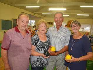 SHIELD CONTEST: Alan Schulze and Barbara Matthews (Warwick), Sam Puglisi and Val Matthews (Stanthorpe) at the Maroon Shield competition between the neighbouring towns in Warwick. Picture: Gerard Walsh