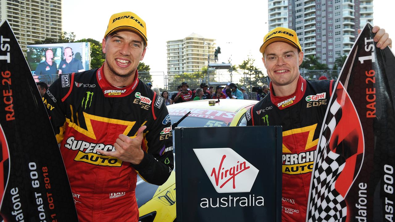 (L-R) Chaz Mostert and James Moffat celebrate their Gold Coast win last year. Picture: Daniel Kalisz