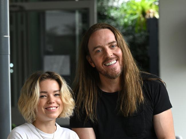 Milly Allcock and Tim Minchin on the set of Foxtel comedy drama Upright. Cameras have started rolling in Queenland on the second series. Picture: Foxtel