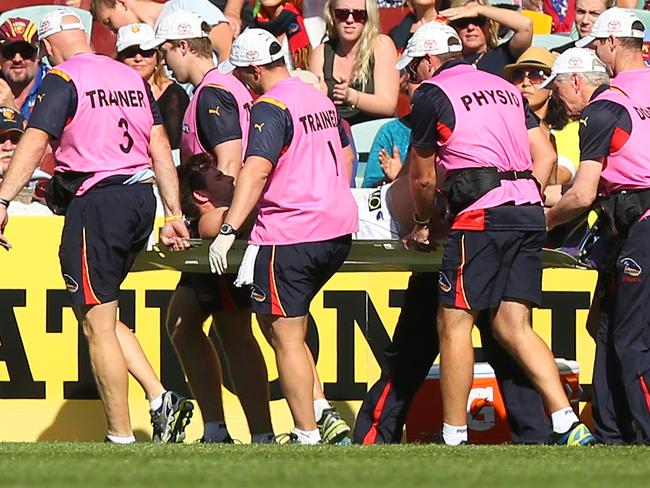 Adelaide’s Andy Otten suffered another serious knee injury against Brisbane.