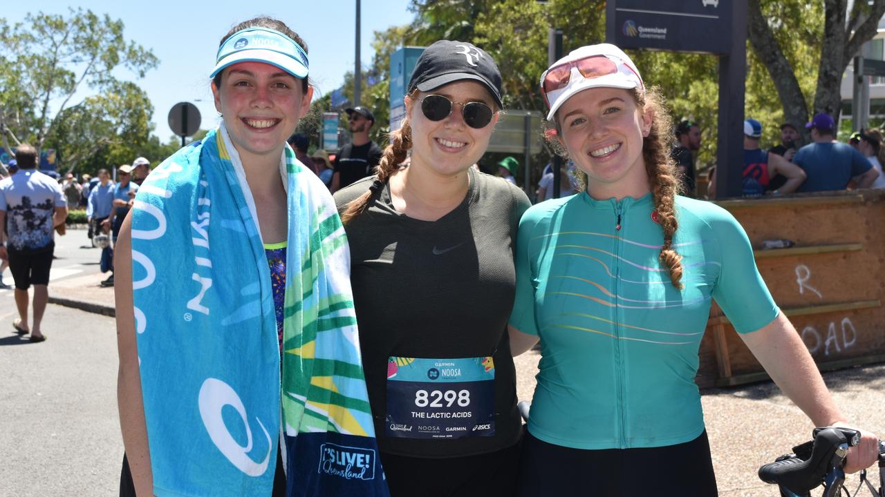 Siubhan Slater, Margie Quill and Chloe Clarke at the Garmin Noosa Triathlon on October 30, 2022. Picture: Sam Turner