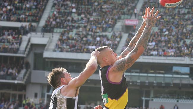 Levi Greenwood got the job on Dustin Martin in Round 19. Picture: Michael Klein