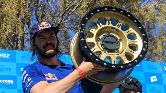 Toby Price with the spoils after gaining pole position for the 226km trek to Finke in the 2021 race. Picture: Supplied.