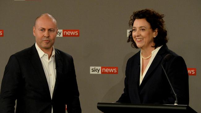 Federal Treasurer Josh Frydenberg and prospective future member for Kooyong Monique Ryan at the televised debate. Picture: Andrew Henshaw/NCA NewsWire