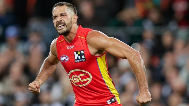 GOLD COAST, AUSTRALIA - JUNE 29: Ben Long of the Suns celebrates a goal during the 2024 AFL Round 16 match between the Gold Coast SUNS and the Collingwood Magpies at People First Stadium on June 29, 2024 in Gold Coast, Australia. (Photo by Russell Freeman/AFL Photos via Getty Images)