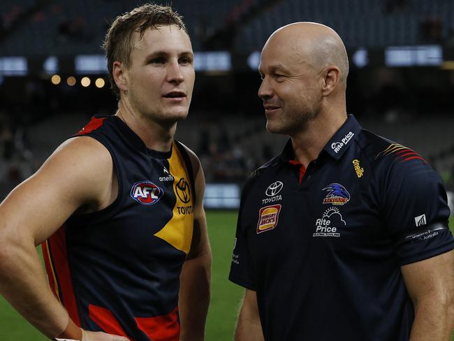 MELBOURNE, AUSTRALIA. April 13, 2024. AFL. Round 5. Carlton vs. Adelaide at Marvel Stadium. Skipper Jordan Dawson and Adelaide Crows senior coach Matthew Nicks after tonights win. Pic: Michael Klein