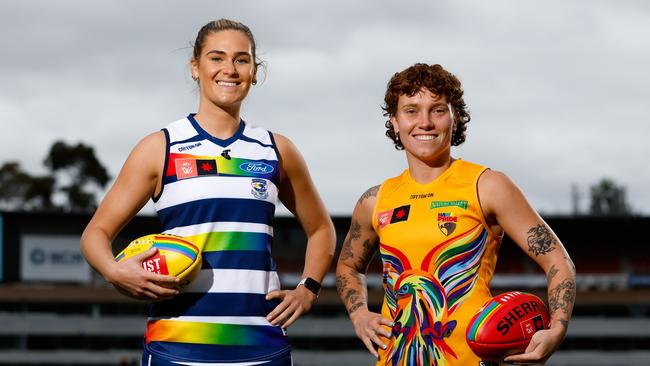 Hawthorn captain Tilly Lucas-Rodd (right) says the AFLW’s Pride Round helps people feel safe and accepted playing football at any level. Picture: Dylan Burns / Getty Images