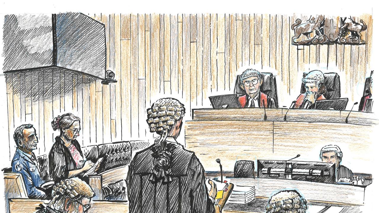 A sketch of Sue Neill-Fraser during her appeal in the Supreme Court of Tasmania in Hobart on March 3, 2021. Sue Neill-Fraser is on the left holding the notebook in the dock. Credit: Christopher Downes Susan Blythe Neill-Fraser