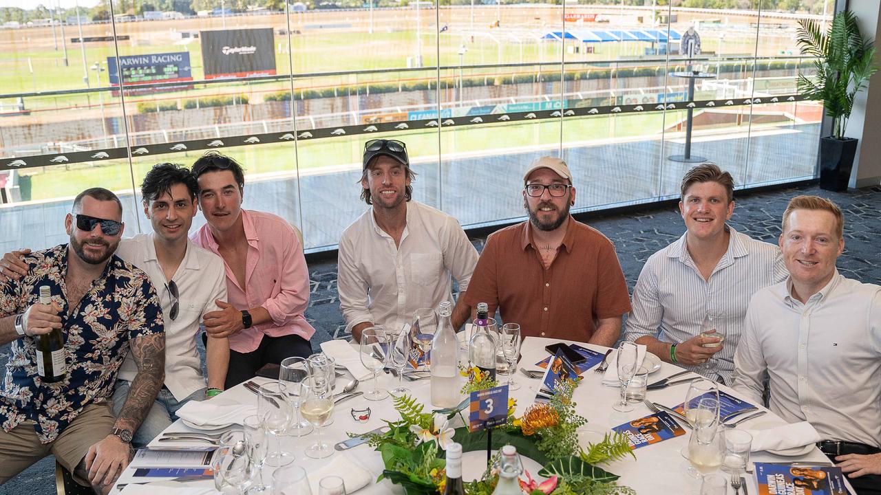 Dylan Curran, Claude Gorkuz, James Wong, Ben Davies, Shane Davies, Murray Elliot and Jacob willis at the 2023 Darwin Cup Carnival Guineas Day. Picture: Pema Tamang Pakhrin