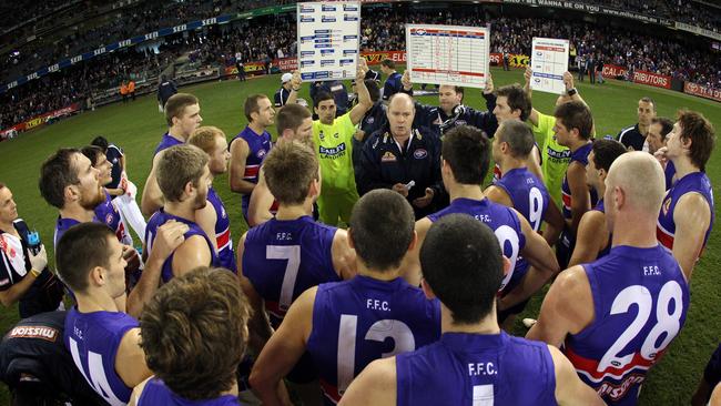 Inside Rodney Eade’s quarter-time huddle during the Round 17 clash with Fremantle. Picture: Michael Klein.