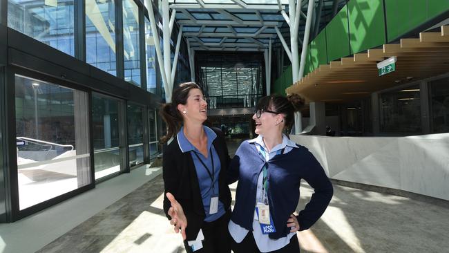 NEW RAH Premier Jay Weatherill and Health Minister Jack Snelling visit the new Royal Adelaide Hospital walking through the Emergency ward and Inpatient ward. IN THE MAIN ENTRANCE - Physiotherapist Jess Anaf, RN Kristin Manuel. Pic: Tricia Watkinson.