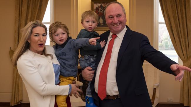 Vikki Campion joined her partner Barnaby Joyce at the swearing-in ceremony at Government House, Canberra with his young sons. Picture: NCA NewsWire/Martin Ollman