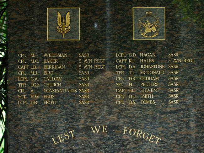 A memorial for the 18 soldiers killed in a crash between two Black Hawk helicopters during a training exercise above Townsville in June, 1996. Picture: Cameron Laird