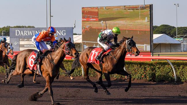 Jockey Paul Denton won the 2023 Darwin Derby with the Kerry Petrick trained Anphina. Picture: Caroline Camilleri