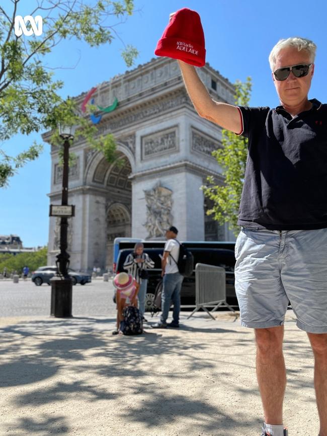 Jules Schiller in front of the Arc de Triomphe which he and co-host, Sonya Feldhoff, compared to Adelaide’s Brittania roundabout at the Paris Olympics. Picture: Instagram / ABC