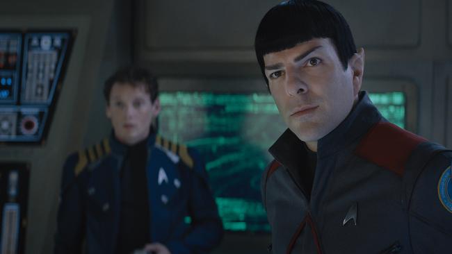 The late Anton Yelchin plays Chekhov and Zachary Quinto plays Spock in Star Trek Beyond.