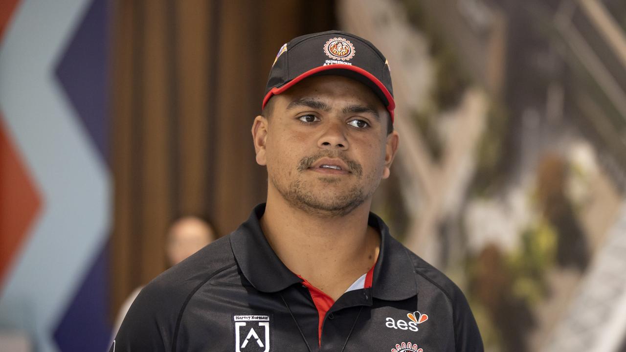 Strict Embargo for The Daily Telegraph. No Australian No News.com . Latrell Mitchell leaving Auckland airport. The NRL confirmed Latrell Mitchell and Jack Wighton were clear to play for the Indigenous All Stars. Pictured arriving in Auckland on Monday afternoon. Picture: Simon Watts