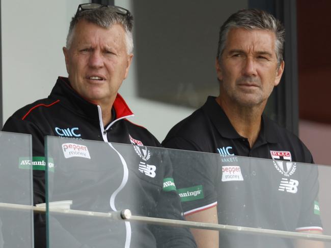 MELBOURNE, AUSTRALIA - FEBRUARY 01: Head of Talent and Acquisition, Graeme Allan and  List Manager Stephen Silvagni look on during a St Kilda Saints AFL training session at RSEA Park on February 01, 2023 in Melbourne, Australia. (Photo by Darrian Traynor/Getty Images)